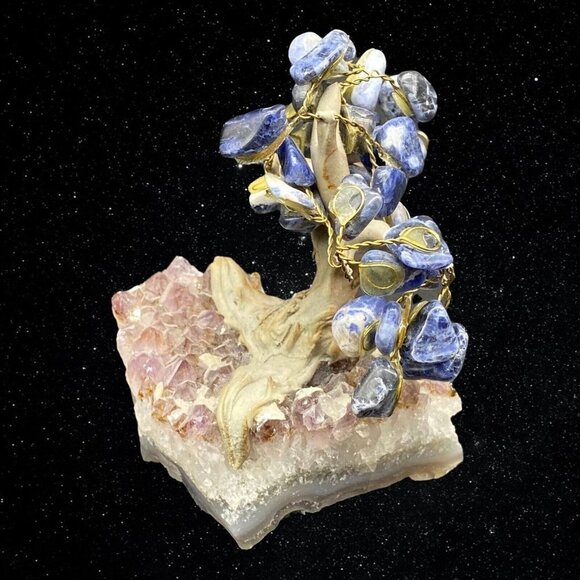 Gem Bonsai Tree on Amethyst Base Miniature Sodalite Stones 4”T 3.5”W - Picture 4 of 7